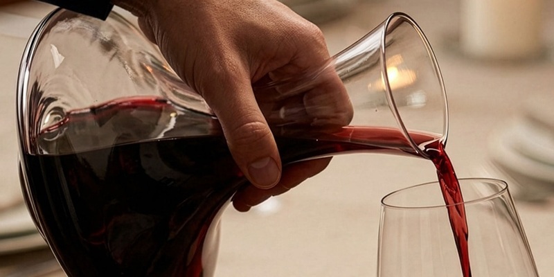 Ein Kellner gießt Rotwein aus einer Flasche in eine gläserne Karaffe. Auf dem Tisch stehen drei Weingläser und einige Korken. Im Hintergrund sind Weinflaschen sichtbar.