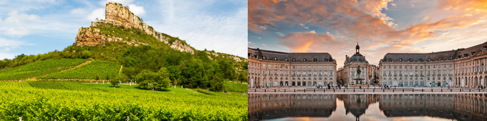 Linke Seite zeigt einen bewaldeten Hügel über grünen Weinreben. Rechte Seite zeigt einen historischen Platz mit Gebäuden und Wasserreflexionen unter einem farbenfrohen Himmel.