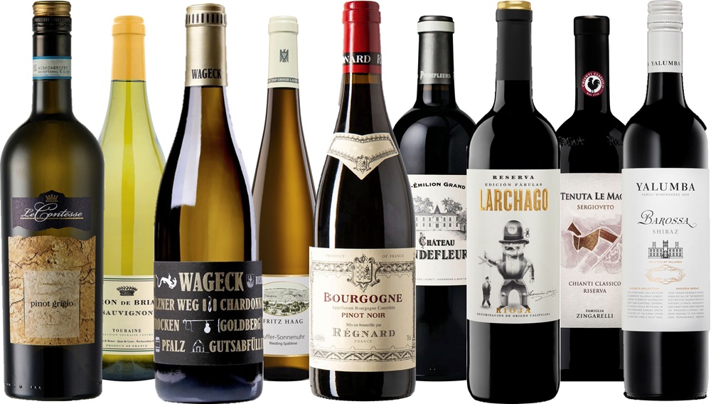 Zehn Weinflaschen stehen nebeneinander auf einem neutralen Hintergrund. Sie umfassen verschiedene Rot- und Weißweine mit unterschiedlichen Etiketten und Designs, die regionale Herkunft und Rebsorten anzeigen.