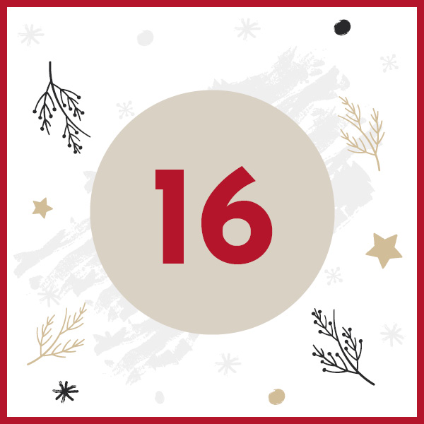 Ein runder, hellbeiger Hintergrund zeigt die Zahl 16 in kräftigem Rot. Dekorative Elemente wie schwarze und goldene Zweige sowie Sterne umgeben die Zahl auf einem weißen Hintergrund mit leichten Texturen.