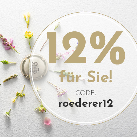 Ein großer Kreis zeigt -12%- in Gold mit der Aufschrift -für Sie!- darunter. Im Hintergrund sind kleinere Blumen und ein Kapselverschluss angeordnet. Der Code -roederer12- steht prominent da.
