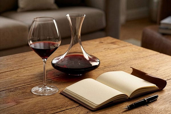 Ein Weinglas mit rotwein wird schräg gehalten, während eine Person in einem Notizbuch schreibt. Im Hintergrund befindet sich eine Weinkaraffe auf einer Holzoberfläche.