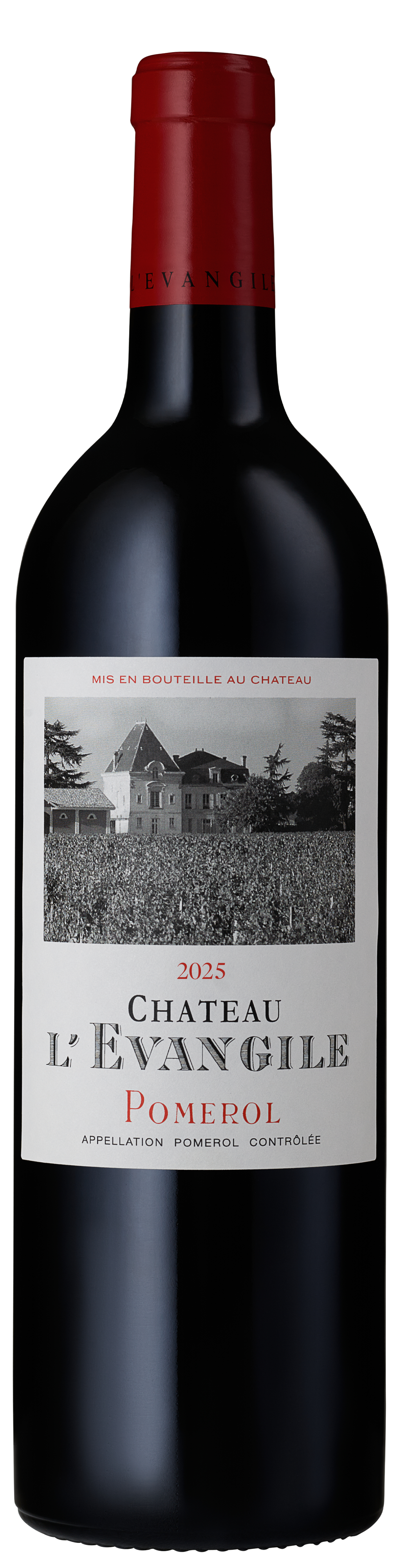 Eine Weinflasche mit rotem Korken und schwarzer Etikette. Darauf steht -Chateau L-Evangile Pomerol 2025- in schwarz und rot mit einer Schwarz-Weiß-Abbildung eines Weinguts und Weinreben im Hintergrund.