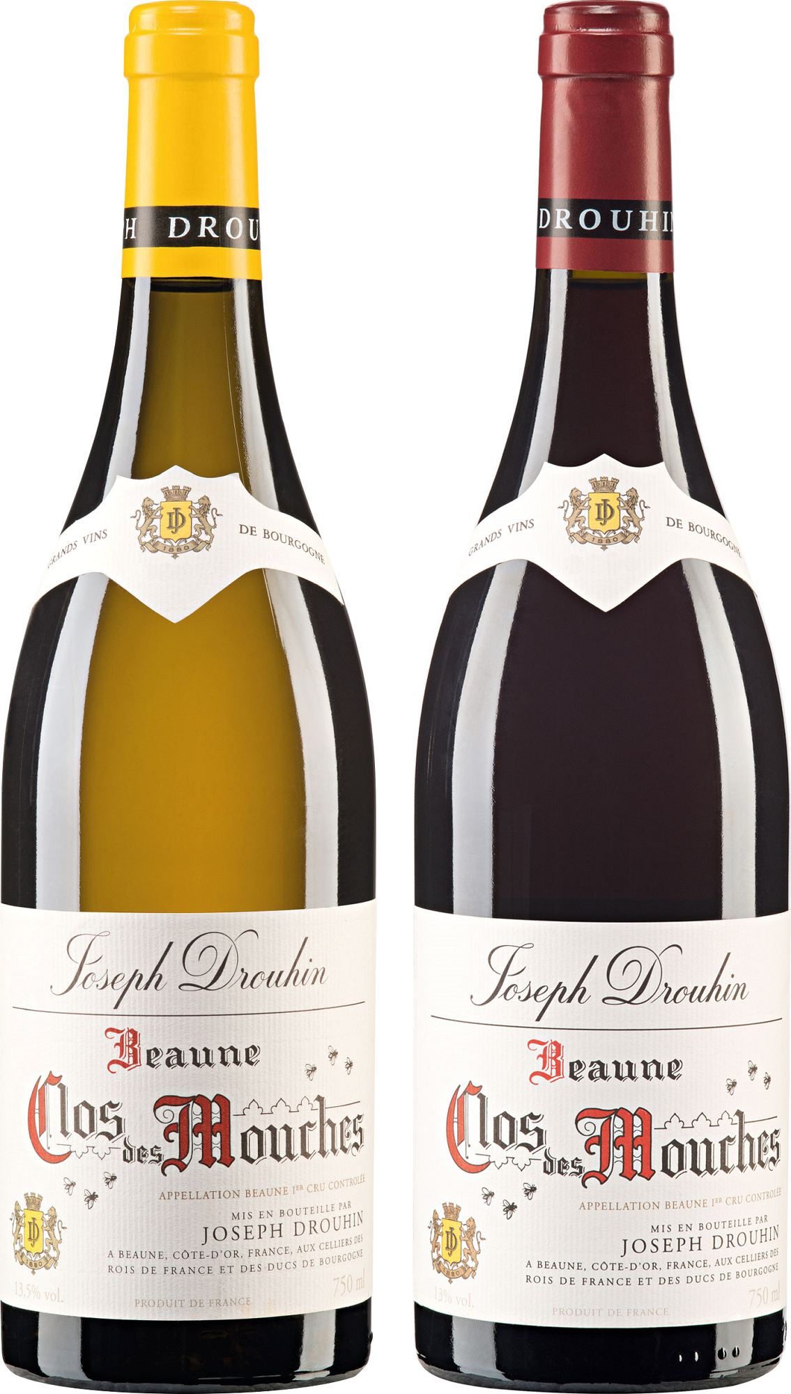 Clos des Mouches  Spezial Weinpaket Zwei Weinflaschen nebeneinander: Eine weiße mit gelber Kappe und eine rote mit roter Kappe. Beide Flaschen tragen das Etikett -Beaune Clos des Mouches- von Joseph Drouhin.