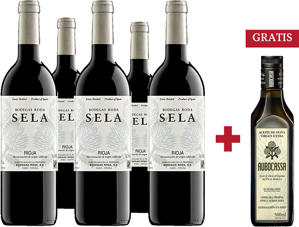 Paket Roda Sela mit GRATIS Aubocassa Olivenöl Fünf Flaschen Rotwein mit dem Label -Bodegas Roda Sela- aus der Rioja-Region stehen nebeneinander. Daneben befindet sich eine Flasche Olivenöl (500 ml) mit dem Hinweis -GRATIS- in roter Schrift.