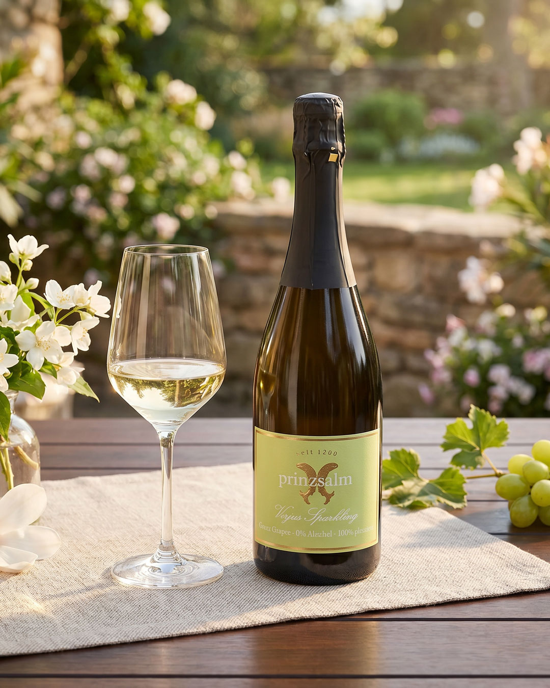 Eine Flasche alkoholfreier Sekt steht neben einem Weinglas auf einem Tisch. Im Hintergrund sind Blumen und Pflanzen, die eine entspannte Gartenatmosphäre schaffen.