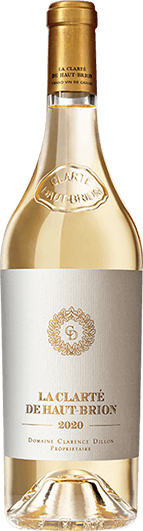 La Clarté de Haut-Brion Blanc Eine Flasche Weißwein mit einem klaren, eleganten Design. Das Etikett ist hellgrau mit goldener Schrift und zeigt den Namen -La Clarté de Haut-Brion 2020- sowie den Produzenten -Domaine Clarence Dillon-.
