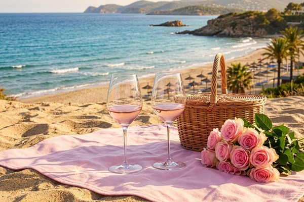 Zwei Gläser mit Roséwein stehen auf einer Holzbox, daneben liegt ein Bündel dunkler Trauben. Der Hintergrund zeigt eine unscharfe, goldene Landschaft, vermutlich ein Weinberg.