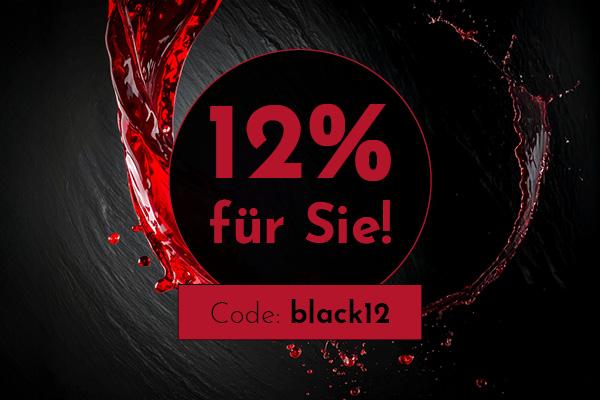 Roter Flüssigkeitsstrahl bildet einen Kreis auf einem dunklen Hintergrund. In der Mitte steht in großen Buchstaben -12% für Sie!- und darunter -Code: black12-.