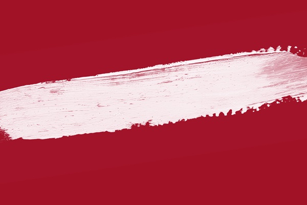 Ein roter Hintergrund mit einem breiten, weißen Pinselstrich, der diagonal über das Bild verläuft. Der Pinselstrich hat unregelmäßige Ränder und steht im Kontrast zur roten Fläche.