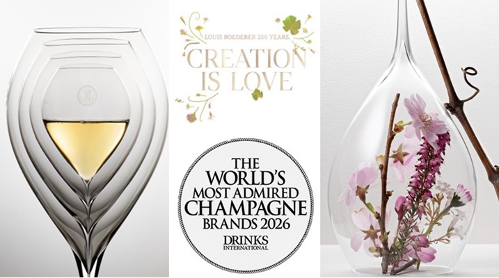 Ein elegantes Trinkglas mit Champagner, ein dekoratives Banner mit der Aufschrift -Creation is Love-, und eine glasierte Vase mit Blumen und einem Holzstück sind neben- und übereinander angeordnet.