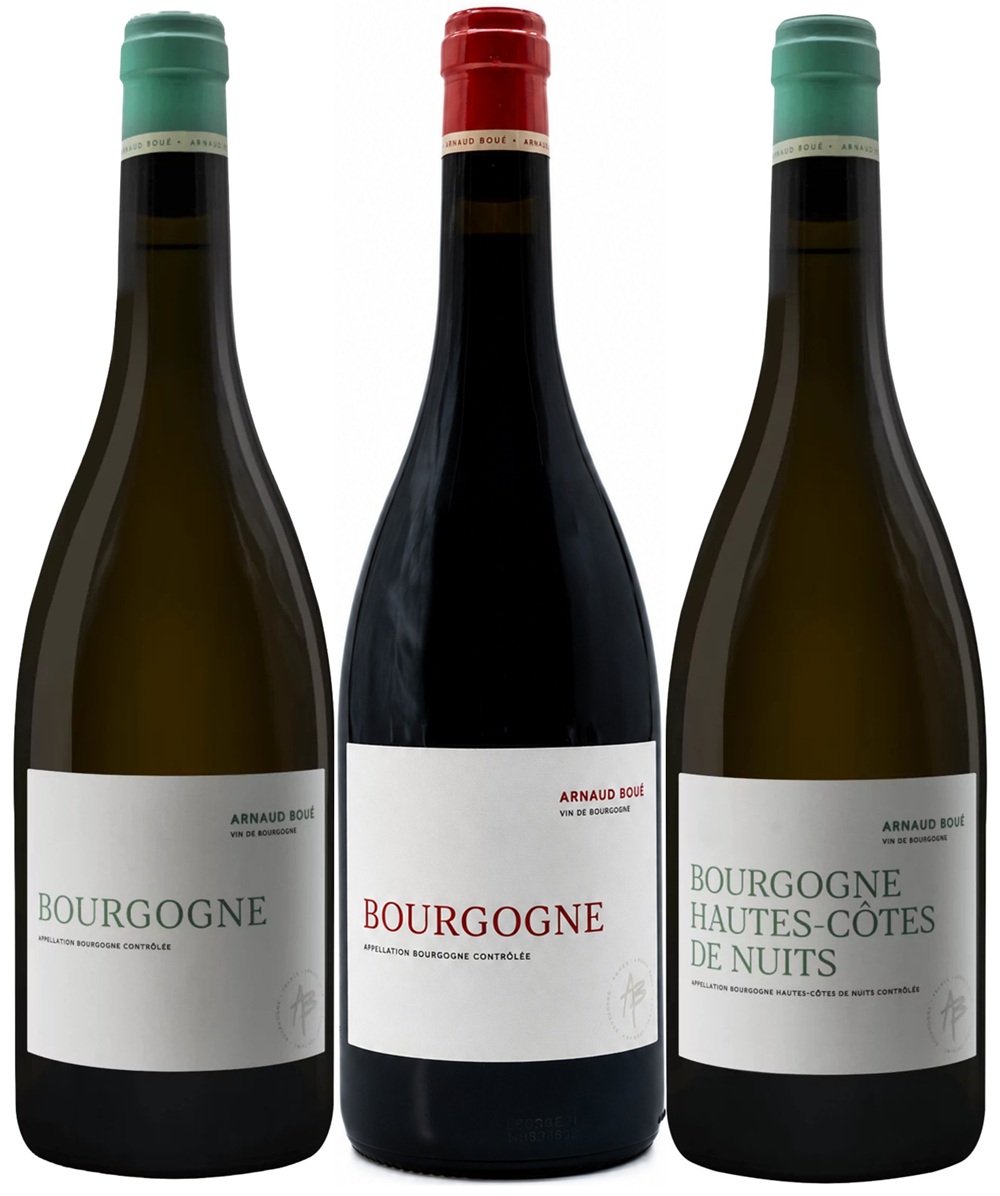 Drei Weinflaschen stehen nebeneinander. Links eine hellgrüne, mittlere eine rotkapselige, rechts eine dunkelgrüne Flasche. Alle sind mit Etiketten versehen, die die Weinsorten Bourgogne und Hautes-Côtes de Nuits zeigen.