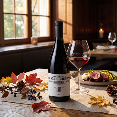 Eine Weinflasche steht auf einem Tisch, umgeben von bunten Herbstblättern. Daneben befindet sich ein Weinglass mit roten Wein und ein Teller mit einem Gericht. Die Umgebung ist warm und einladend.