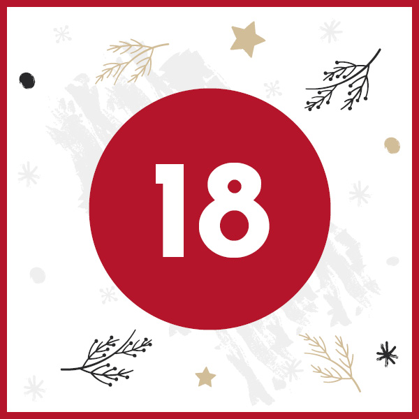 Ein roter Kreis mit der Zahl 18 in der Mitte befindet sich auf einem weißen Hintergrund, der mit goldenen Sternen und schwarzen sowie goldenen Zweigen verziert ist.