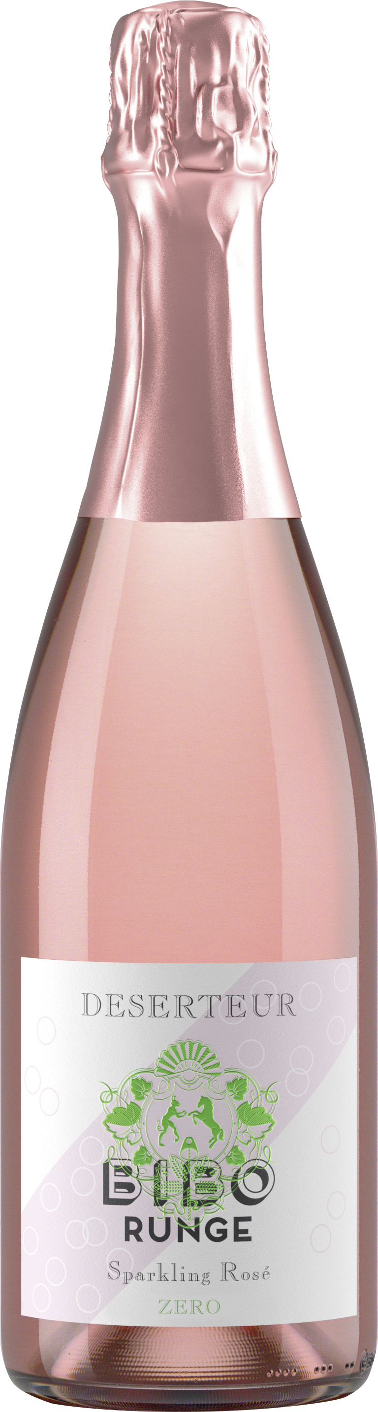 Deserteur Sparkling Rosé Zero Eine rosafarbene Sektflasche mit einem glänzenden, roségoldenen Kapselverschluss. Das Etikett zeigt den Schriftzug -DESERTEUR- und -Sparkling Rosé ZERO- in eleganter Schrift, umgeben von dekorativen Elementen.