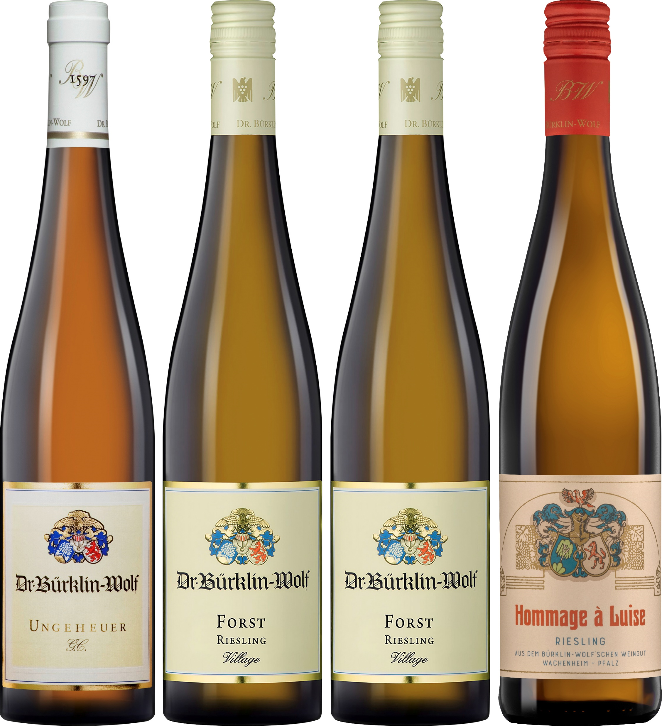 Dr. Bürklin-Wolf EXKLUSIV: 2022 Ungeheuer G.C. & Co. Vier Weinflaschen stehen nebeneinander. Jede Flasche hat ein unterschiedliches Etikett und Kapsel in verschiedenen Farben. Die Weine sind hauptsächlich Weißweine, gekennzeichnet mit Namen und Herkunft.
