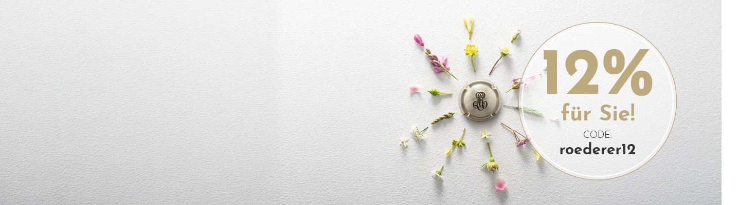 Ein künstlerisches Arrangement zeigt einen Korken in der Mitte, umgeben von bunten Blumen. Rechts steht der Text -12% für Sie! CODE: roederer12- in hellen Schriftarten.