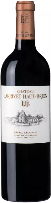 Eine Flasche Rotwein mit einem etikettierten Bild des Château Larrivet Haut-Brion. Auf dem Etikett steht -Pessac-Léognan- und -Grand Vin de Bordeaux-. Der Flaschenhals ist braun.