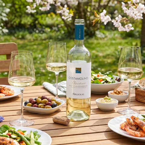 Ein Tisch im Freien ist gedeckt mit einem Weißwein, zwei Weingläsern und mehreren Schüsseln mit Salat, Oliven, Meeresfrüchten und anderen Beilagen. Im Hintergrund blühen Bäume.