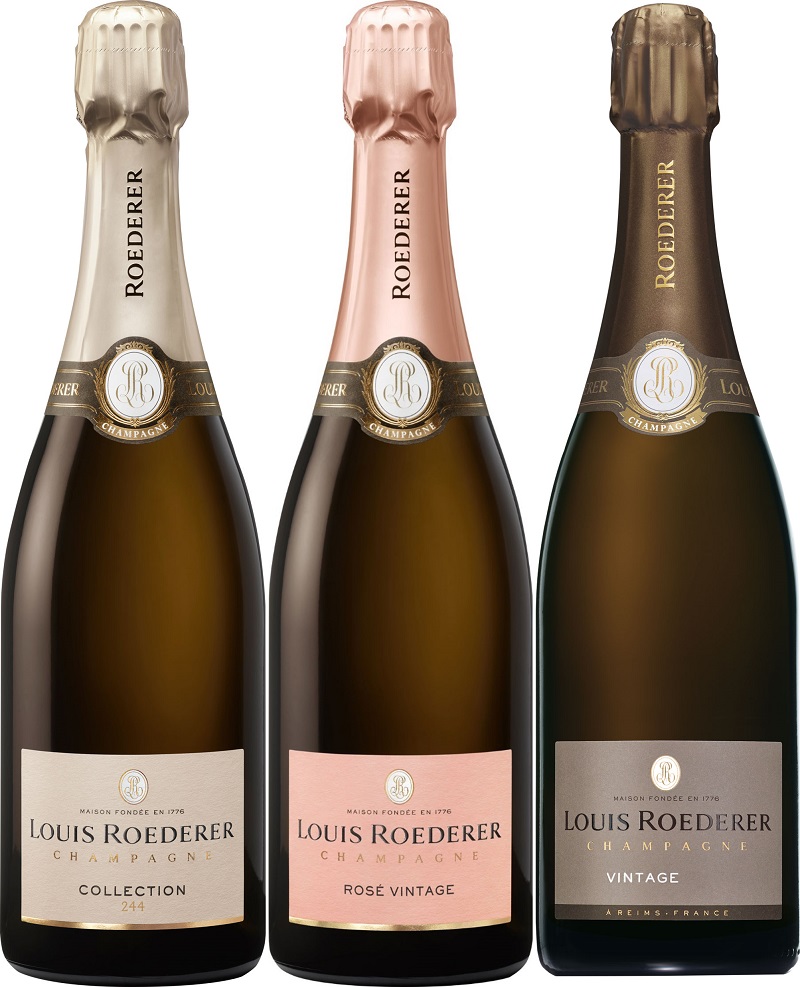 Genuss Klassisch mit Champagne Louis Roederer Drei Flaschen Champagner stehen nebeneinander. Die erste hat eine silberne Kapsel, die zweite eine roséfarbene und die dritte eine braune. Jede Flasche hat ein Etikett mit dem Namen -Louis Roederer-.