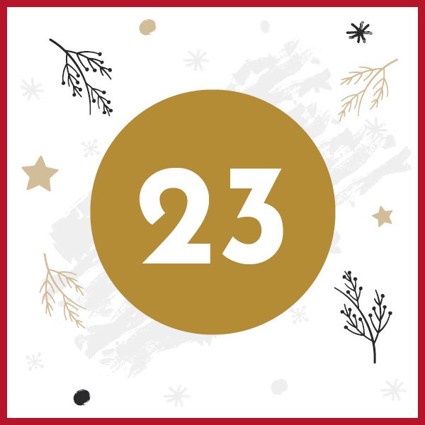 Eine goldene Kreiszahl -23- steht im Mittelpunkt, umgeben von stilisierten Pflanzen und Sternen auf einem weißen Hintergrund, der von einem roten Rand eingefasst ist.