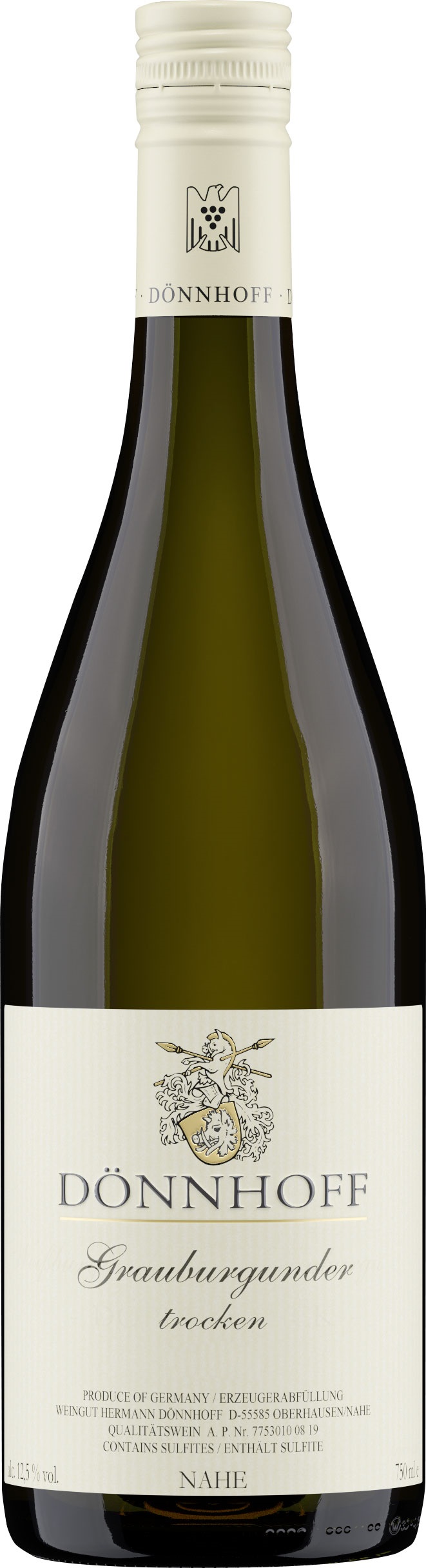 Eine Weinflasche mit einem weißen und goldfarbenen Etikett. Der Wein ist Grauburgunder trocken, hergestellt von Weingut Hermann Dönnhoff in der Nahe-Region in Deutschland.