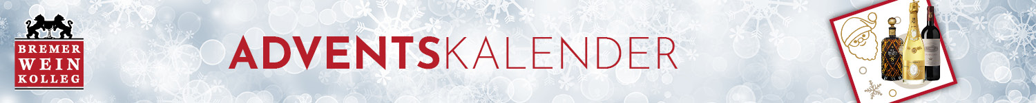 Ein Banner mit dem Text -ADVENTSKALENDER- in großen, roten Buchstaben. Darunter befinden sich Abbildungen von Weinflaschen und weihnachtlichen Dekorationen, umgeben von einer schneebedeckten Hintergrundgestaltung.