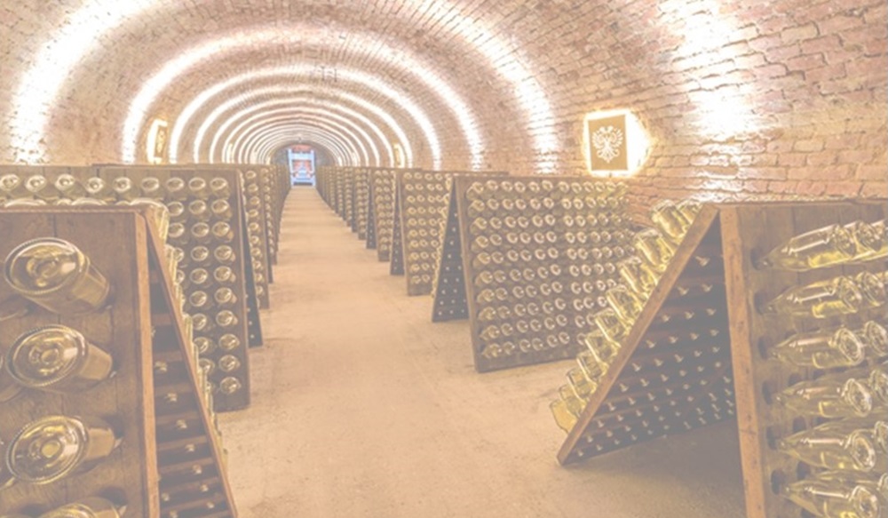 Ein gesunder Keller mit Ziegelmauern und sanfter Beleuchtung. Reihen von schrägen Holzregalen halten Flaschen, die sorgfältig angeordnet sind. Der Gang ist gerade und führt zu einem offenen Ende.