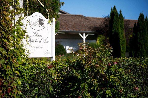 Ein hölzernes Schild mit der Aufschrift -Château Patache d-Aux- hängt an einer grünen Hecke. Im Hintergrund ist ein Gebäudekomplex mit einem dachdeckerartigen Dach und Bäumen zu sehen. Der Himmel ist klar und blau.