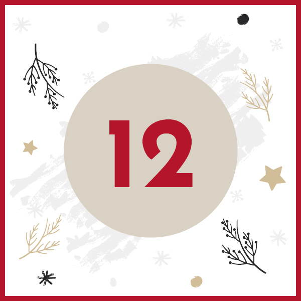 Ein runder, beiger Hintergrund zeigt die Zahl 12 in kräftigem Rot. Umgeben von verschiedenen festlichen Elementen wie Sternen, Zweigen und Schneeflocken auf einem weißen Hintergrund mit rotem Rand.