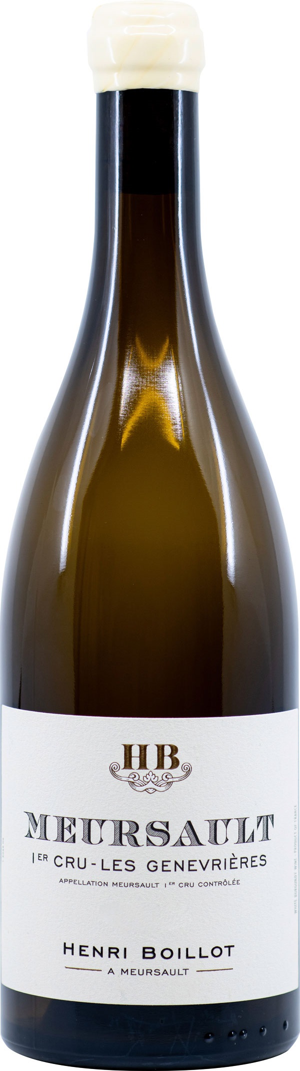 Meursault les Genevrières Eine Weinflasche mit glänzendem, dunklem Glas und einer hellen, gewellten Kapsel. Das Etikett zeigt die Schriftzüge -Meursault 1er Cru - Les Genevrières- und -Henri Boillot à Meursault-.