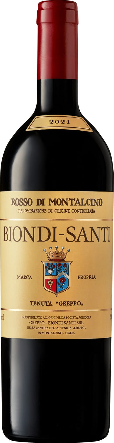 Rosso di Montalcino Eine Flasche Rotwein mit rotem Korken und einem Etikett in Gold- und Schwarztönen. Das Etikett zeigt den Namen -BIONDI-SANTI,- die Sorte -ROSSO DI MONTALCINO- und das Jahr -2021.-