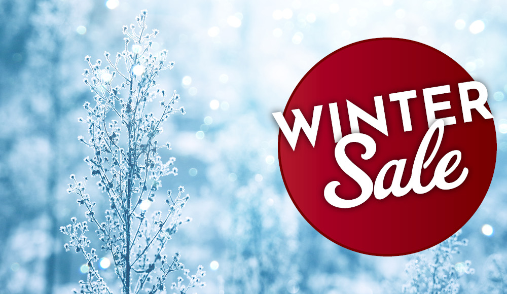 Ein frostiger Hintergrund zeigt einen schneebedeckten Zweig. Im Vordergrund befindet sich ein roter Kreis mit dem Text -WINTER SALE- in Weiß.