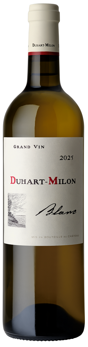 Eine Flasche Wein mit einem hellgrünen Körper und einem einfachen etikettierten Design. Die Etikette zeigt den Namen -Duhart-Milon-, das Jahr -2025- sowie die Bezeichnung -Blanc-.