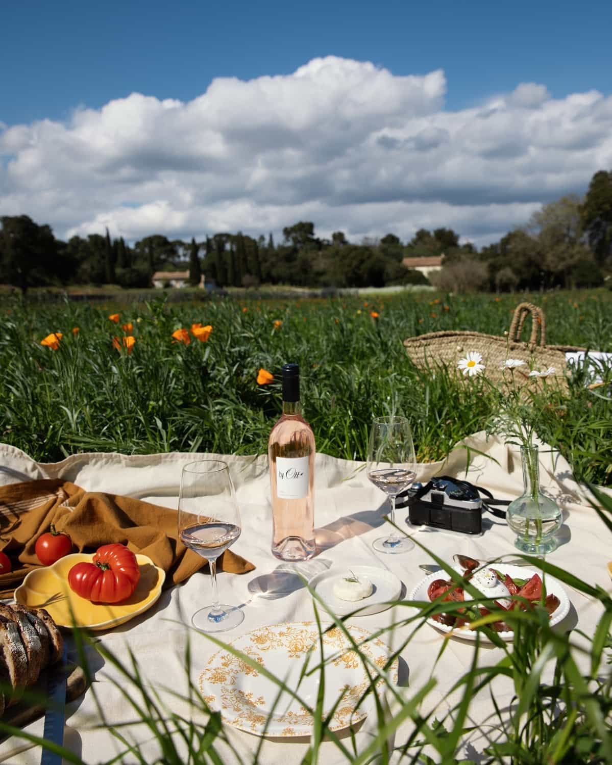 Ein picknickähnliches Arrangement im Freien mit einer Flasche Roséwein, Gläsern, frischen Tomaten, einem Brotlaib und einem Teller. Umgeben von grünen Wiesen und blühenden Blumen unter einem blauen Himmel.