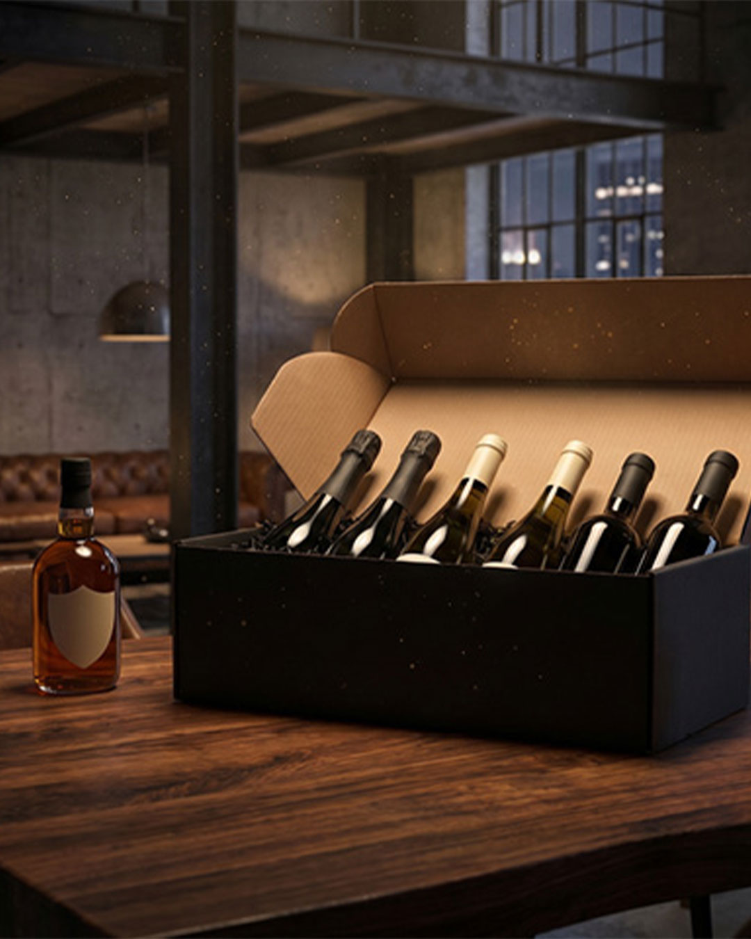 Eine schwarze Box mit sechs Weinflaschen steht auf einem Holztisch. Daneben befindet sich eine Flasche mit bräunlichem Inhalt. Im Hintergrund sind ein Sofa und große Fenster zu sehen.