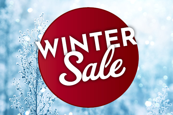 Roter Kreis mit dem Text -WINTER Sale- in großer, auffälliger Schrift vor einem verschwommenen, winterlichen Hintergrund mit Schnee und Frost.