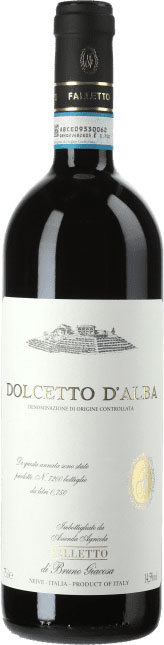 Dolcetto d'Alba Falletto Ein Rotwein in einer dunkelbraunen Flasche mit einem eleganten Etikett. Das Etikett beschreibt -Dolcetto d-Alba- mit Informationen zur Herkunft und dem Hersteller. Der Hintergrund ist neutral.