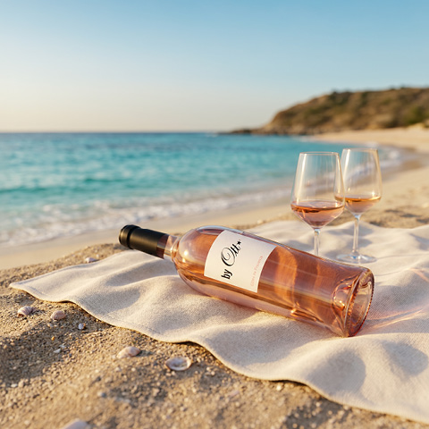 Ein flacher Sandstrand mit sanften Wellen. Eine Flasche Roséwein liegt auf einem weißen Tuch, daneben stehen zwei Weingläser. Die Szenerie strahlt Entspannung und Genuss aus.
