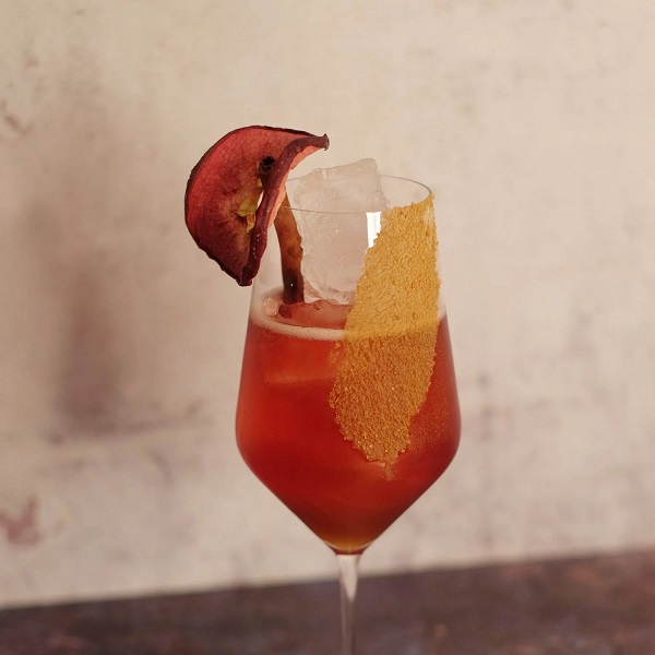 Ein elegantes Getränk in einem Weinglas, gefüllt mit einem rotbraunen Cocktail, Eiswürfeln und dekoriert mit einer getrockneten Frucht sowie einem Stück essbarem Dekor. Der Hintergrund ist neutral.