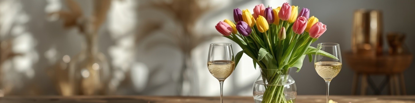 Ein Blumenstrauß mit pinken, lila und gelben Tulpen steht in einer klaren Vase. Zwei Weingläser mit hellem Getränk sind auf einem Holztisch platziert, umgeben von einer eleganten, stilvollen Umgebung.