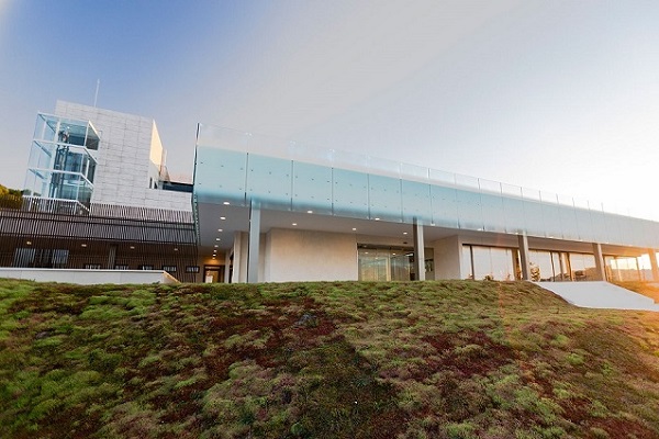 Ein modernes Gebäude mit Glasfront und von einer Wiese umgeben. Es hat eine großzügige Terrasse und klare Linien, die im Sonnenlicht leuchten. Die Umgebung wirkt ruhig und naturnah.
