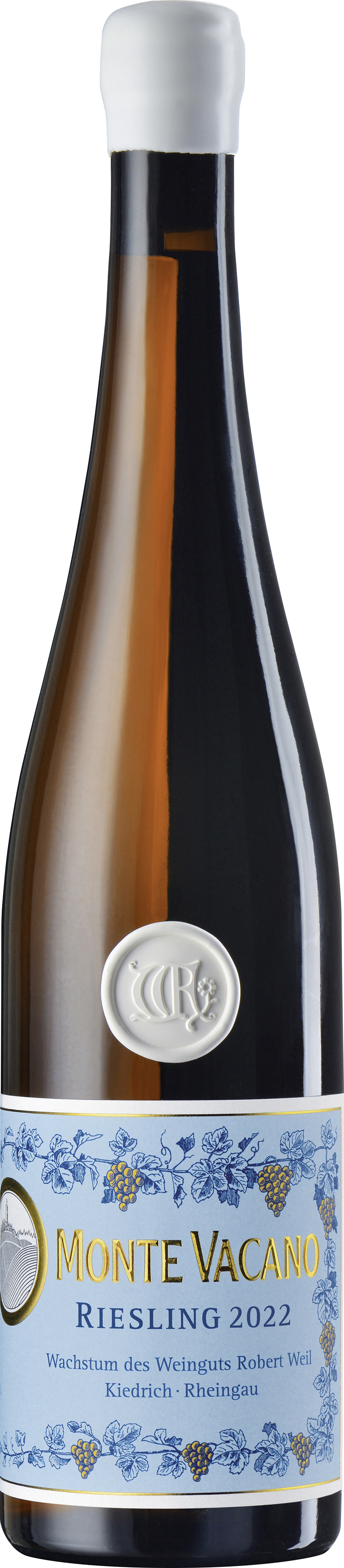 Monte Vacano Eine elegante Weinflasche mit einem weißen Korken. Das Etikett zeigt blaue Weintrauben und den Schriftzug -MONTE VACANO Riesling 2022- sowie Informationen über das Weingut Robert Weil im Rheingau.