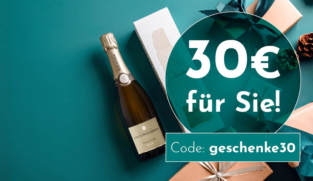 Ein Flasche Champagner steht auf einem türkisfarbenen Hintergrund, umgeben von Geschenken und einem Gutschein, der 30€ anbietet und den Code -geschenke30- enthält.