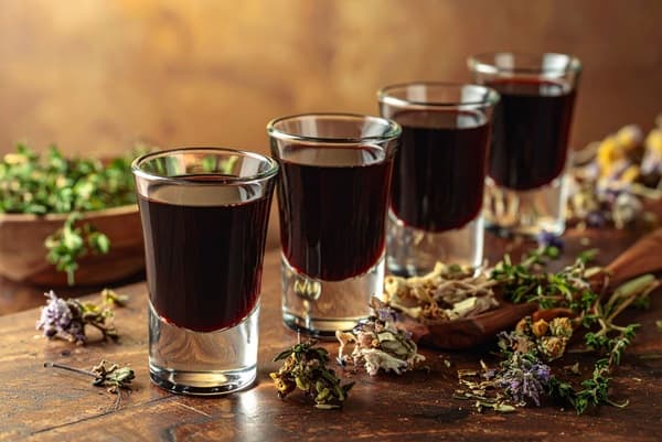 Transparente Gläser mit dunklem Getränk stehen nebeneinander, gefüllt mit einer schimmernden Flüssigkeit. Zwei Strohhalme stecken in einem Glas. Grüne Blätter und Beeren liegen im Vordergrund.