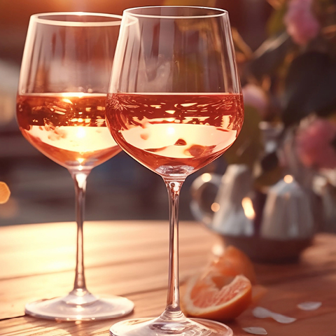 Zwei elegante Weingläser stehen auf einem Holztisch, gefüllt mit rosafarbenem Getränk. Um sie herum sind sanfte Glühlichter und eine Zitrusfrucht. Die Atmosphäre wirkt entspannt und einladend.