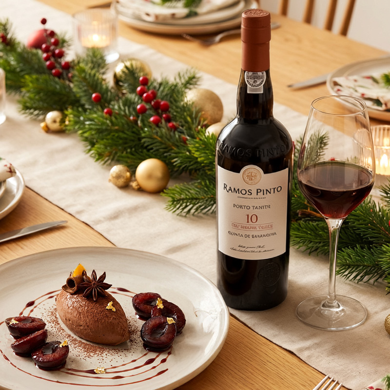 Ein gedeckter Tisch mit einer festlichen Dekoration zeigt eine Flasche Ramos Pinto Portwein und ein Dessert aus Schokoladenmousse mit Pflaumen und Dekorationen, umgeben von Tannenzweigen und goldenen Kugeln.