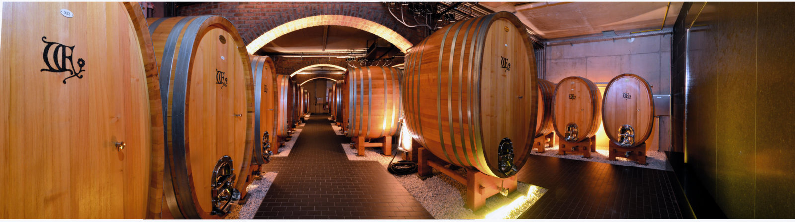 In einem kellerartigen Raum stehen mehrere große Holzfässer in einer langen Reihe. Der Boden ist gefliest, und die Wände sind aus Backstein. Sanftes Licht beleuchtet die Fässer.