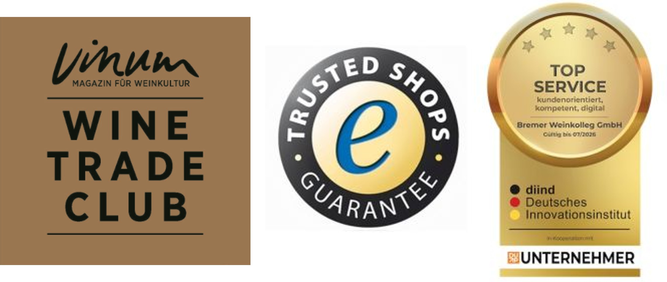Drei Logos sind abgebildet: Das erste zeigt den Schriftzug -Vinum - Magazin für Weinkultur- mit -Wine Trade Club-. Das zweite ist das -Trusted Shops--Logo. Das dritte ist eine Auszeichnung für -Top Service-, vergeben an Bremer Weinkolleg GmbH.