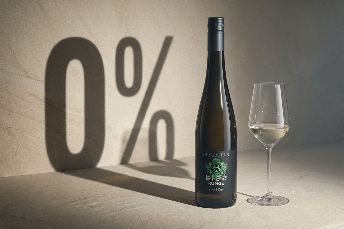 Eine Flasche Weißwein mit einem schwarzen Etikett steht neben einem Weinglas, das mit Wein gefüllt ist. Im Hintergrund wirft Licht den Schatten einer großen -0%- auf die Steinoberfläche.